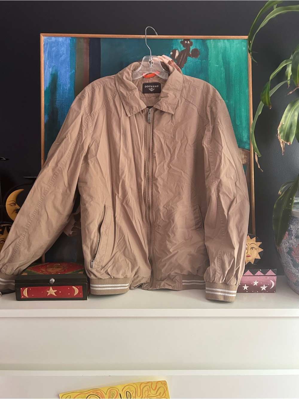 Dockers Men's Light Brown Bomber Jacket with Ribbed Trim L